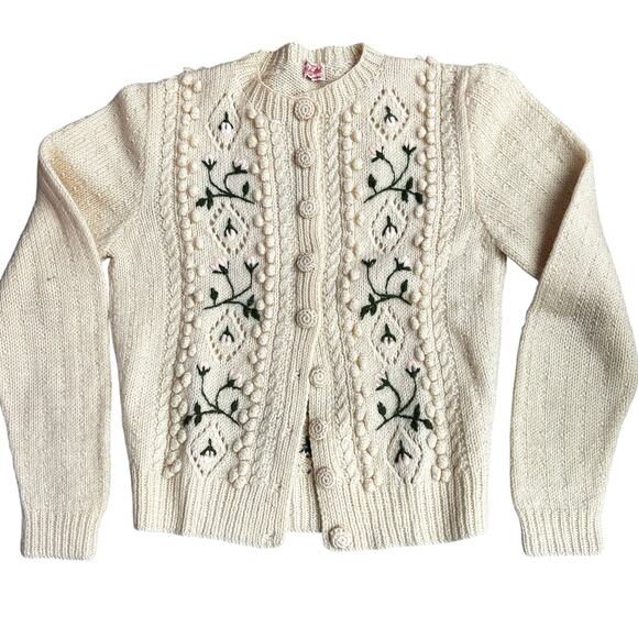 Hand Crafted Sweaters - Vintage Hand Knitted Pure Wool Cardigan Sweater Cable Knit & Embroidery Ladies S